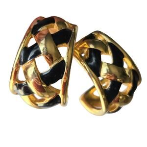 Liz Claiborne Gold Tone Black Enamel Basketweave Half Hoop Earrings Vintage